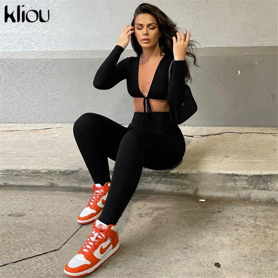 Kliou Solid Jumpsuit Bandage Cleavage Backless One Piece Outfit