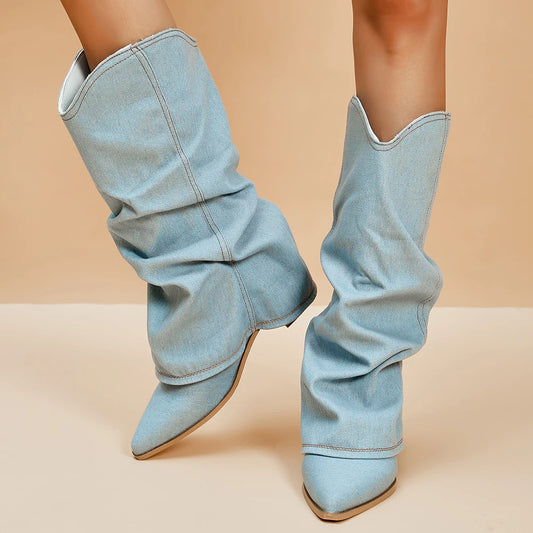 Pleated Block Heels Denim Boots for Women 2023 Autumn Pointed Toe