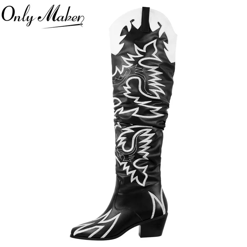 Onlymaker Woman Knee High Boots Western Cowboy Boots Wide Calf