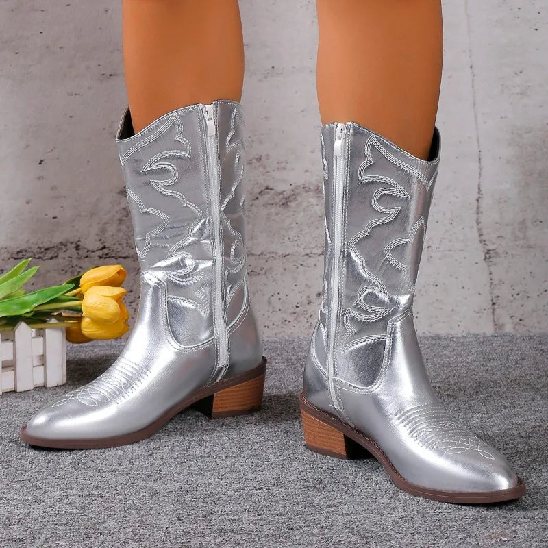 2024 Women's Cowboy Boots Embroidered Pointed Toe Thick Heel Ankle
