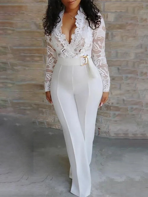 White Lace Jumpsuit Women Sexy V Neck Lace-up Stitching Long Sleeve