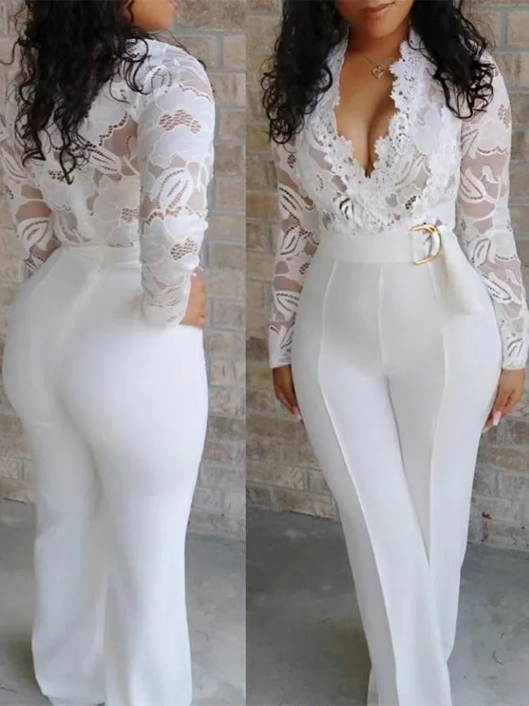 White Lace Jumpsuit Women Sexy V Neck Lace-up Stitching Long Sleeve