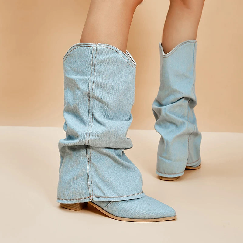 Pleated Block Heels Denim Boots for Women 2023 Autumn Pointed Toe