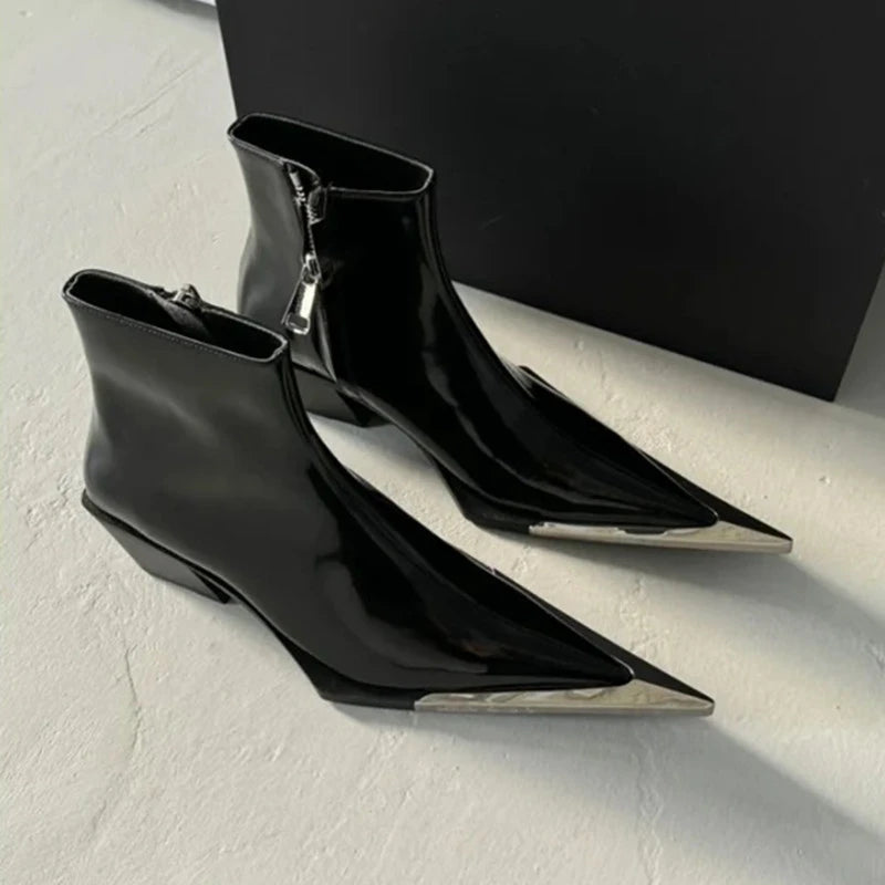 2024 Side Zipper Fashion Women's Ankle Boots Metal Pointed Toe Ladies
