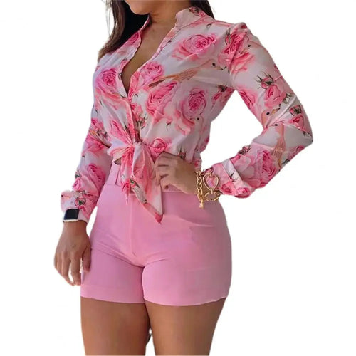 1 Set Women Blouse Shorts Suit Floral Spring Summer Printed Blouse