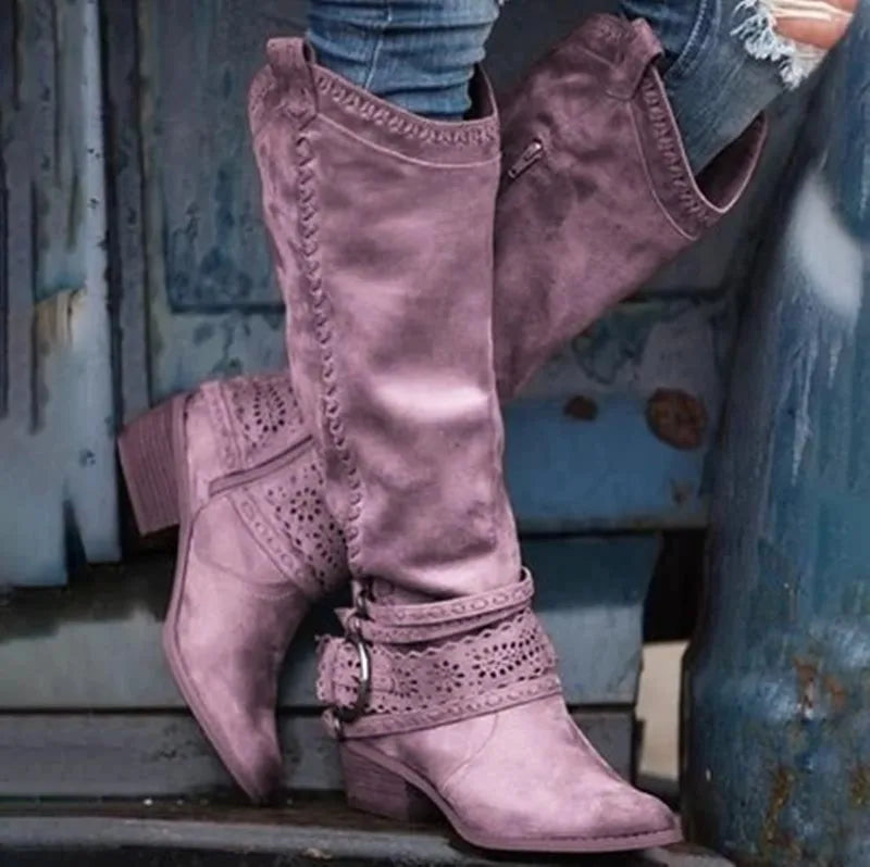2023 New Western Cowboy Boots Buckle Ladies Low Heel Knee High Boots