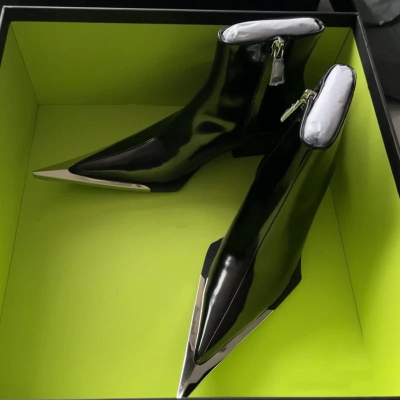 2024 Side Zipper Fashion Women's Ankle Boots Metal Pointed Toe Ladies