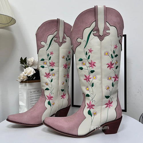 IPPEUM Cowgirl Boots Pink Flower Embroidered Knee Shoes For Women Mid