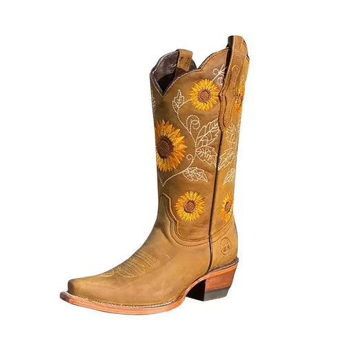 New Women Coffee Brown Embroidery Boots PU Leather Printed Western