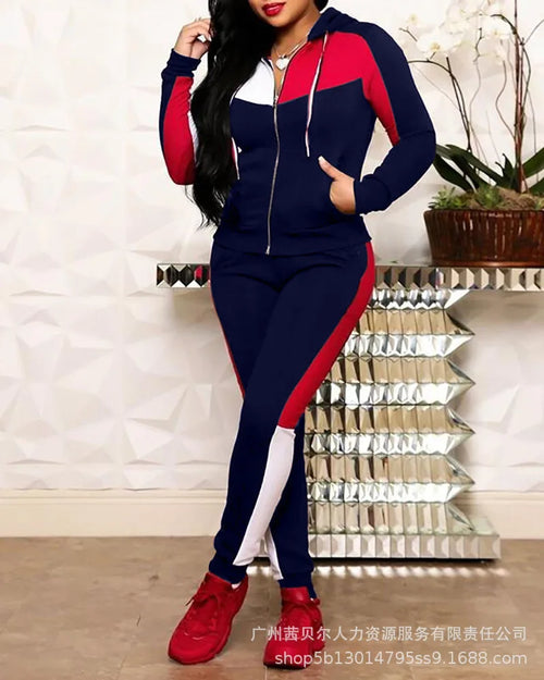 Women Two Piece Pant Sets Hooded Zipper Spliced Sweatshirts Full