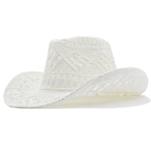Hollowed Out Wide Brim Western Cowboy Hat Retro Hand-woven Natural