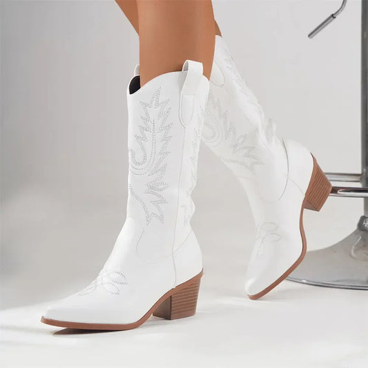 Plus size 43 High Quality Block Heels Mid-calf White Cowboy Boots