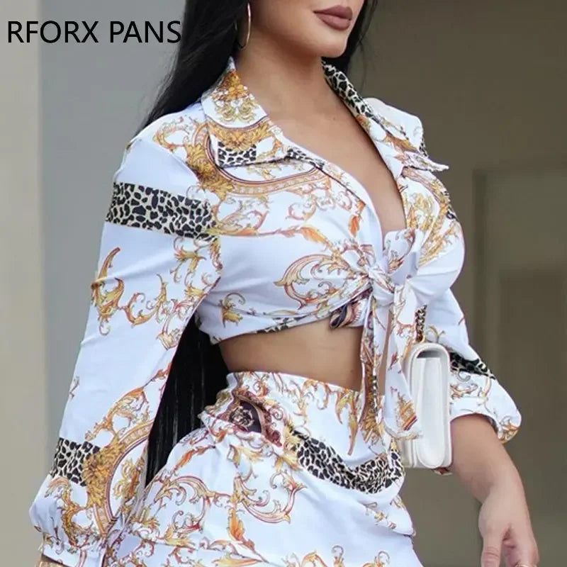 2023 Spring Elegant Allover Print Shirt & Sexy Mini Skirt Sets Women