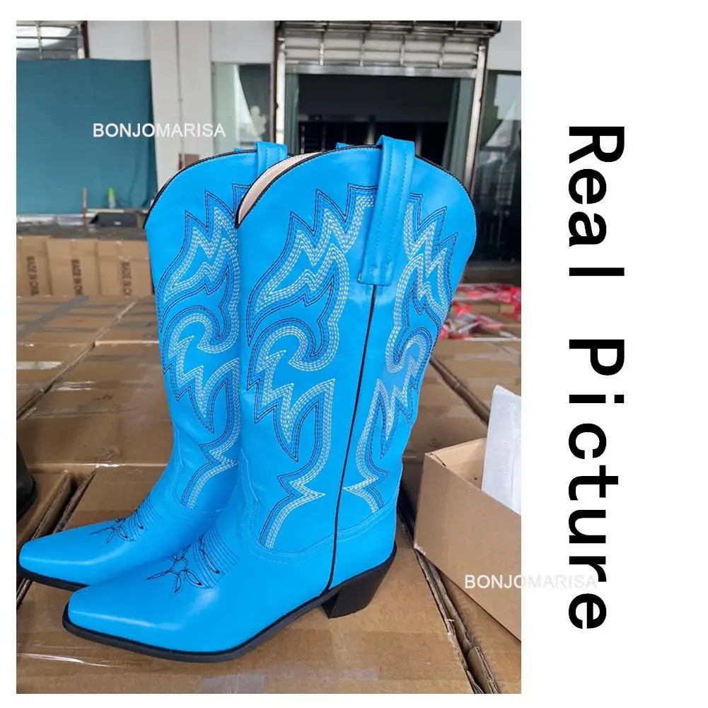 Cowgirl Boots Women Embroidery Knee High mid Calf Cowboy Boots Slip On