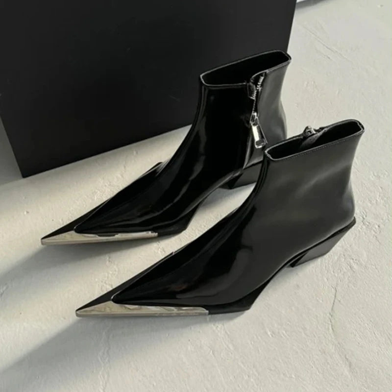2024 Side Zipper Fashion Women's Ankle Boots Metal Pointed Toe Ladies