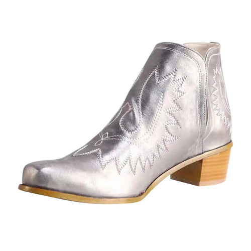 Women Boots Flower Embroidered Cowboy Boots Platform Winter Warm Ankle