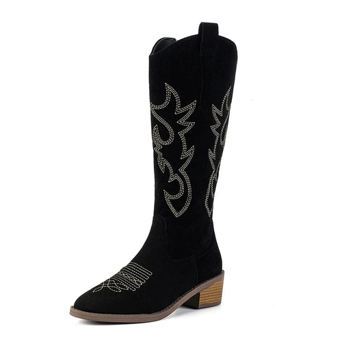 Retro Embroider Western Knee High Boots Women 2024 Autumn Pointed Toe