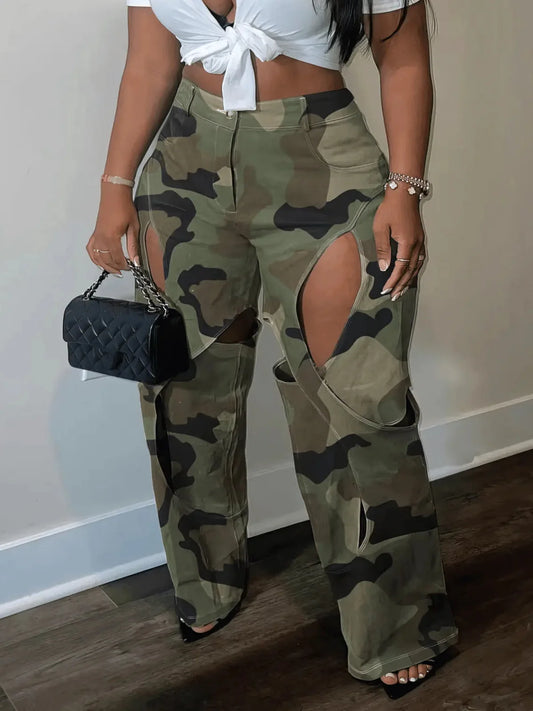 LW Camo Hollow Out Multicolor Pants Casual Loose Camouflage Print