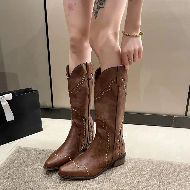 Retro Rivet Long Boots Women Low Heel Cowboy Chelsea Western Pu