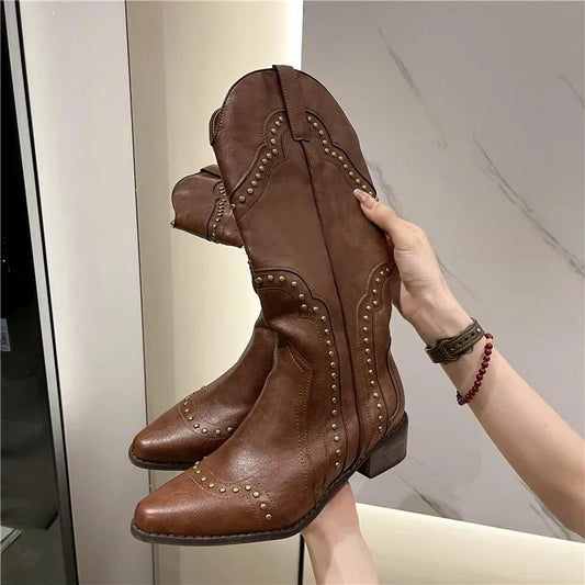 Retro Rivet Long Boots Women Low Heel Cowboy Chelsea Western Pu