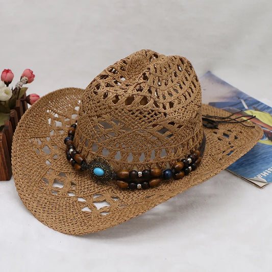 Straw Hat  Women Men Summer Handmade  Vintage Hollow Western  brim Sun
