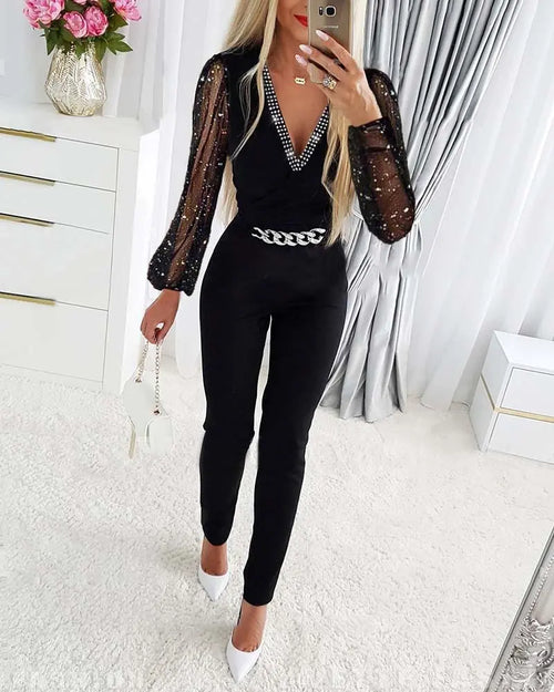 Deep V Neck Mesh Long Sleeve Jumpsuit One Piece Overall Women Black