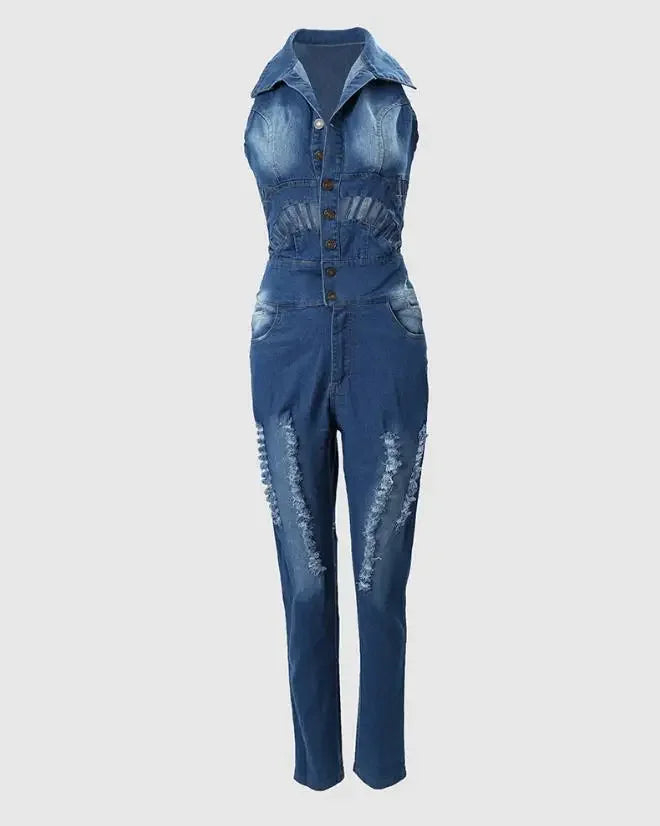 Women's Jumpsuit 2023 Spring Fashion Buttoned Cutout Ripped Skinny