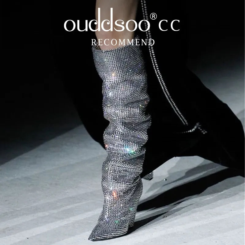 Ods Sexy Brand Luxury Bling Silver Crystal Knee High Chunky Womens