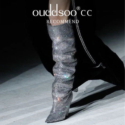 Ods Sexy Brand Luxury Bling Silver Crystal Knee High Chunky Womens