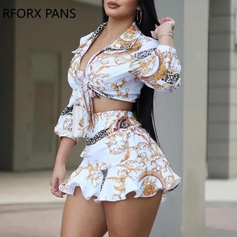 2023 Spring Elegant Allover Print Shirt & Sexy Mini Skirt Sets Women