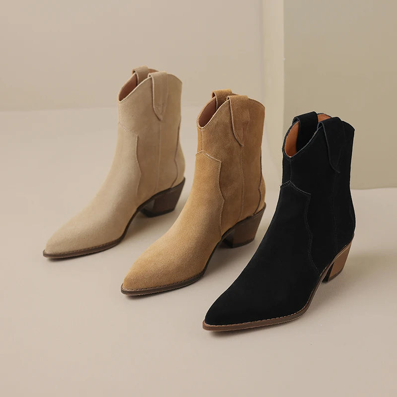 QUTAA 2025 Women Ankle Boots Western Short Boots Cow Suede Leather