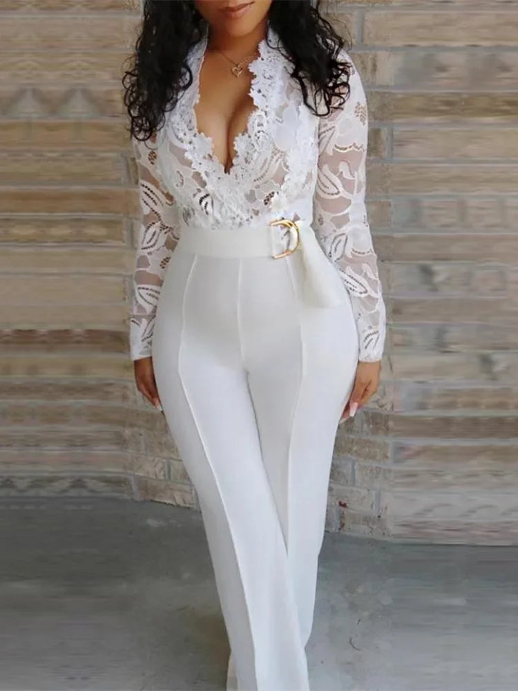 White Lace Jumpsuit Women Sexy V Neck Lace-up Stitching Long Sleeve