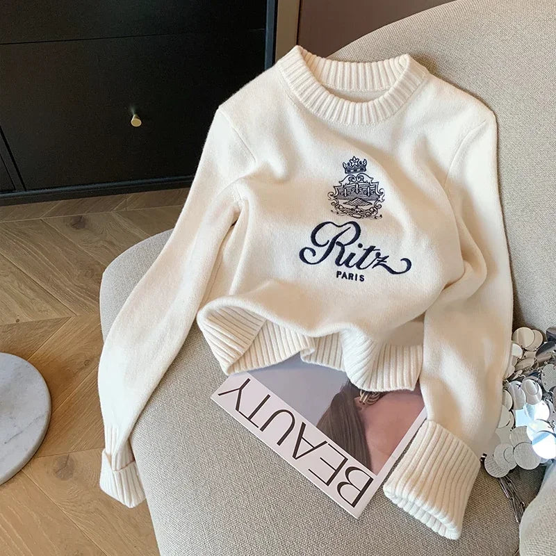 Boreathiman Letters Embroidery Round Neck Pullover Sweater Women