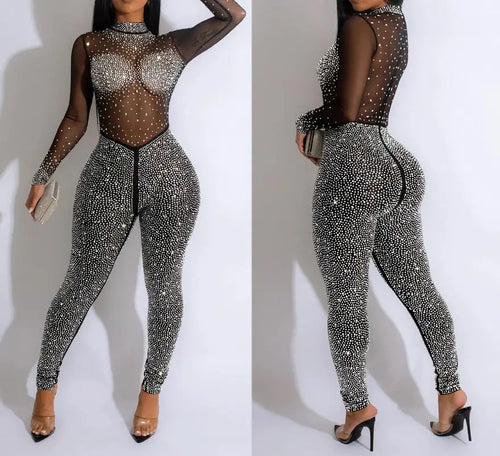 Sexy Party Jumpsuits Women 2023 Autumn Solid Mesh Diamond Fashion Long