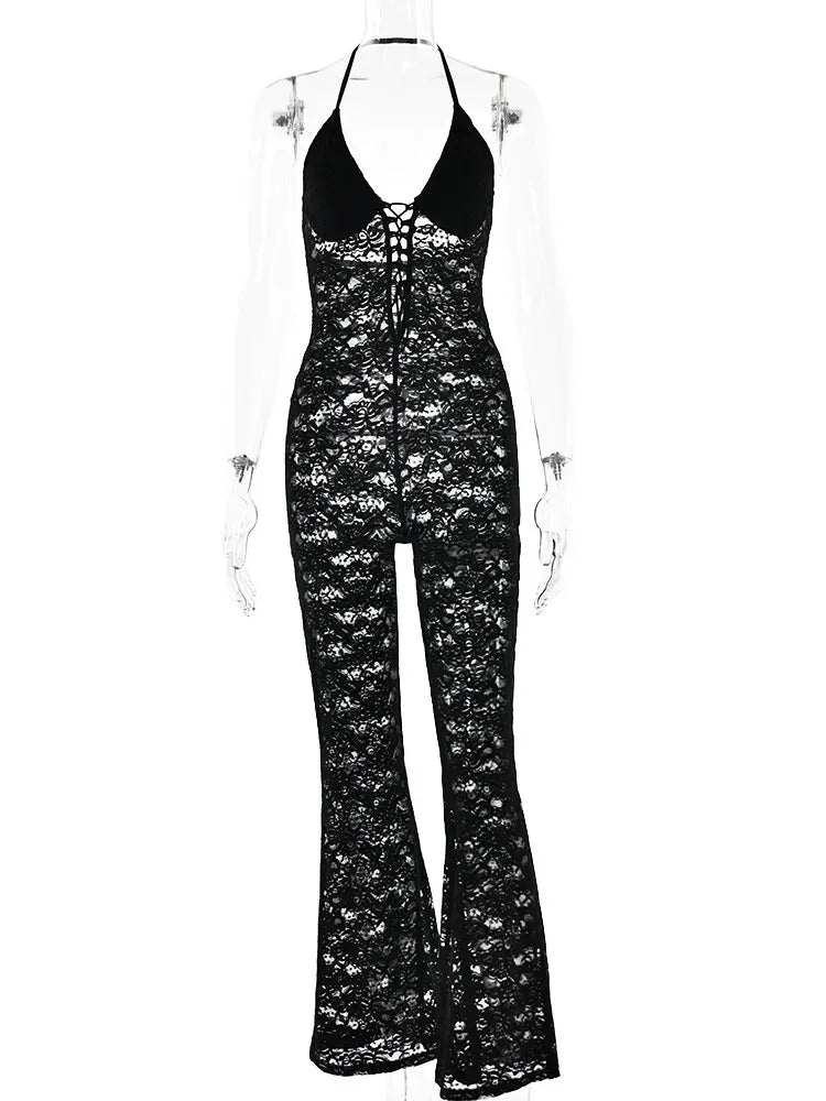 GACVGA Sexy Lace See Through Women Jumpsuit Backless Slim Streetwear