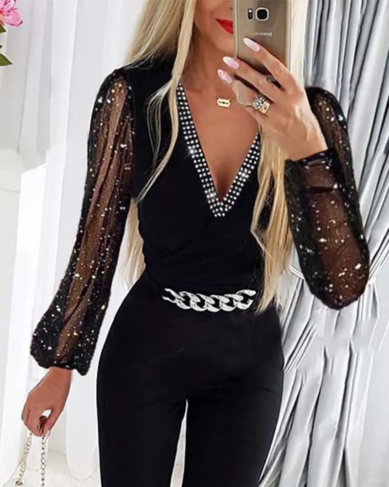 Deep V Neck Mesh Long Sleeve Jumpsuit One Piece Overall Women Black