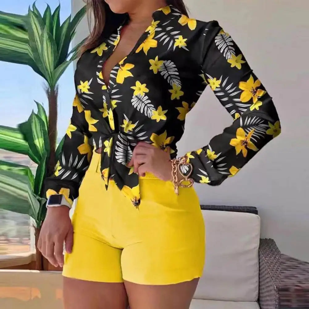 1 Set Women Blouse Shorts Suit Floral Spring Summer Printed Blouse