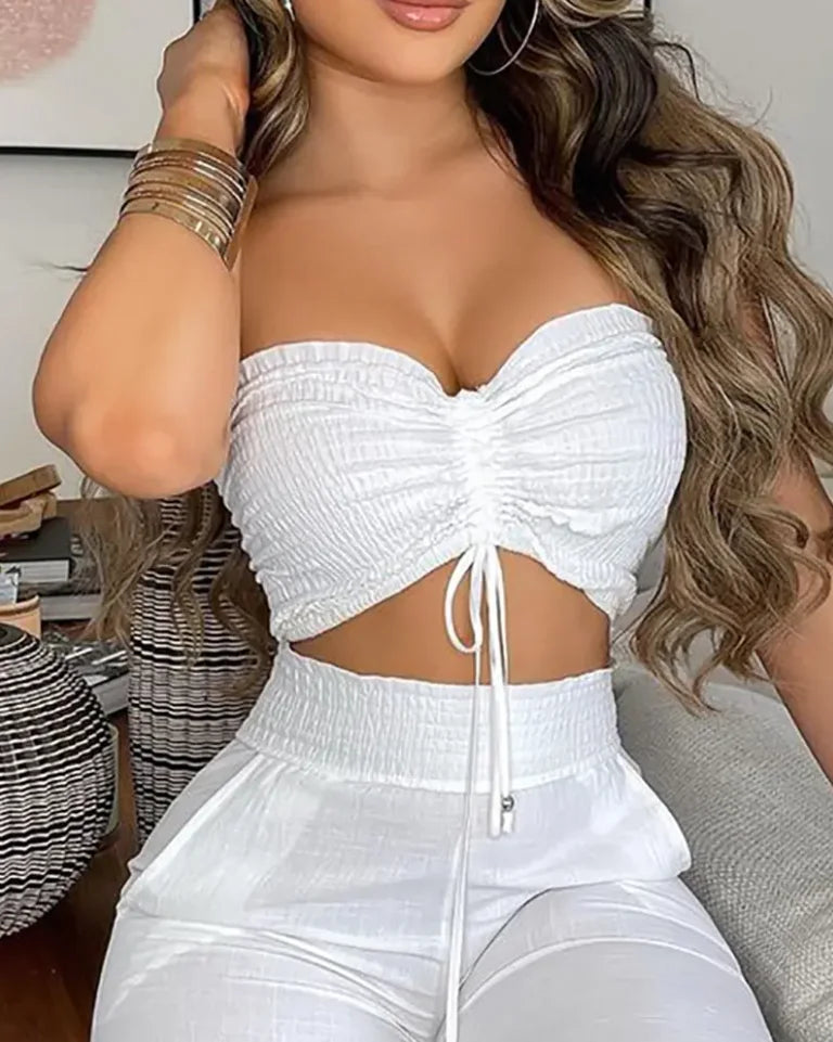 Two Piece Set Women Outfit 2024 Summer Fashion Drawstring Bandeau