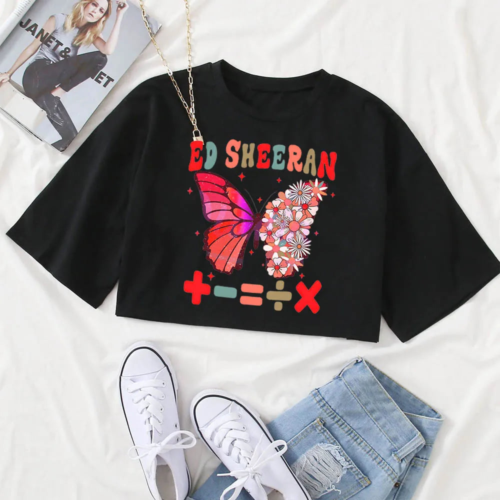 Ed Sheeran Butterfly Crop Shirt Women Girls Fashion O-Neck Short