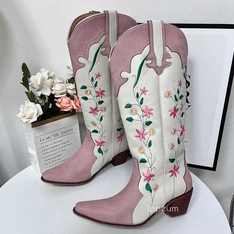 IPPEUM Cowgirl Boots Pink Flower Embroidered Knee Shoes For Women Mid