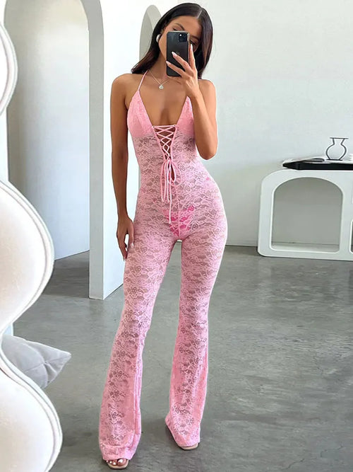 GACVGA Sexy Lace See Through Women Jumpsuit Backless Slim Streetwear