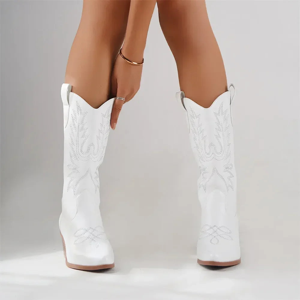 Plus size 43 High Quality Block Heels Mid-calf White Cowboy Boots
