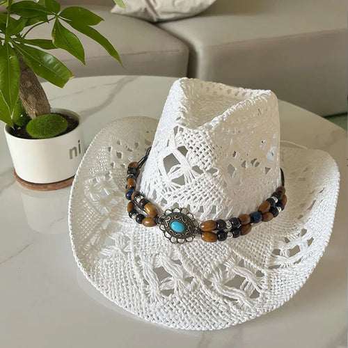 Straw Hat  Women Men Summer Handmade  Vintage Hollow Western  brim Sun