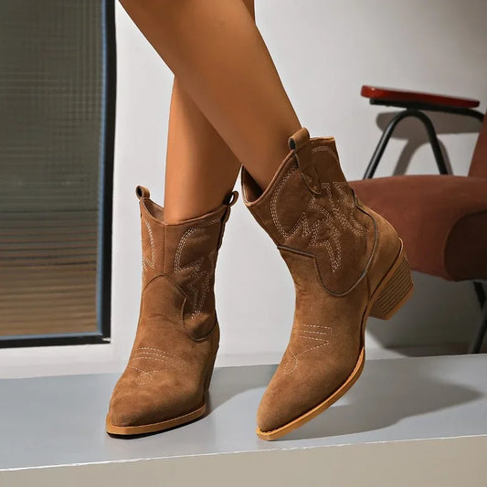 2024 New Pointed Coarse Heel Large Western Cowboy Short Boots