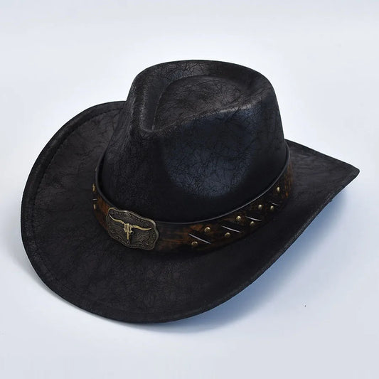 Men Women Western Cowboy Hats Faux Leather Vintage Gentleman Cowgirl