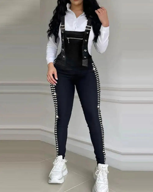 Elegant Rhinestone Decor Buckled Suspender Jumpsuit Women 2024 Spring