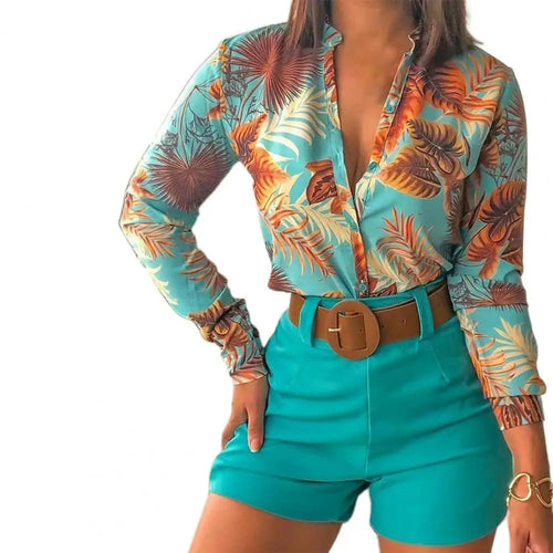 1 Set Women Blouse Shorts Suit Floral Spring Summer Printed Blouse