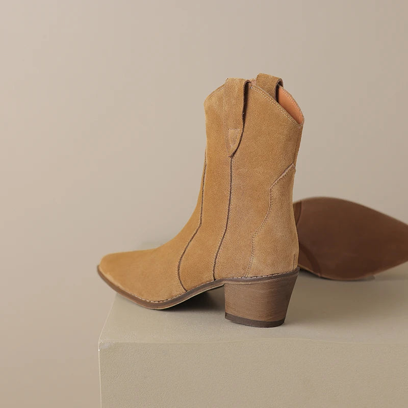 QUTAA 2025 Women Ankle Boots Western Short Boots Cow Suede Leather