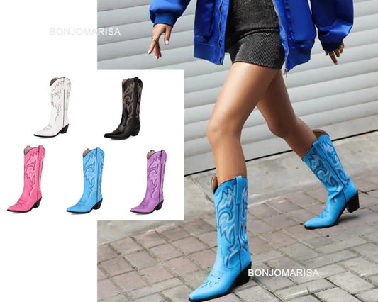 Cowgirl Boots Women Embroidery Knee High mid Calf Cowboy Boots Slip On