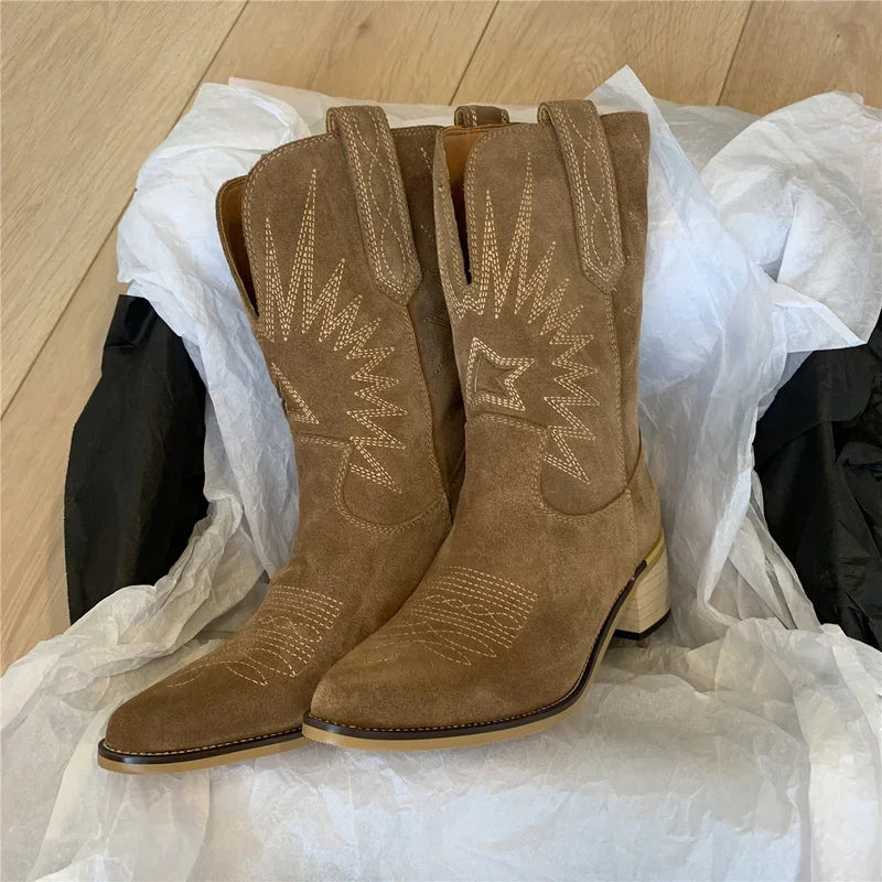 Natural Embroidered Cowgirl Boots with a Point